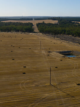 Hay bales across field with pond and power lines