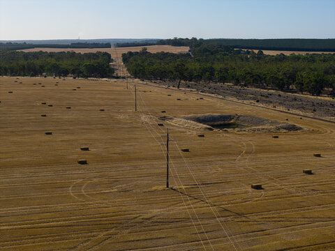 Hay bales scattered across paddock with pond and power lines