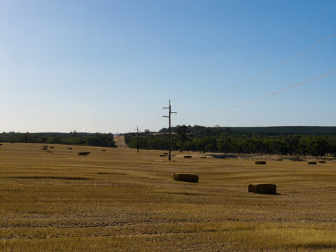 Aerial view of a wide harvested field dotted with rectangular hay bales and power lines