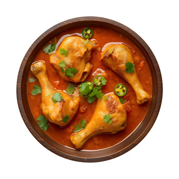 Chicken drumsticks in a rich red curry sauce with herbs and chili slices in a wooden bowl on a white background