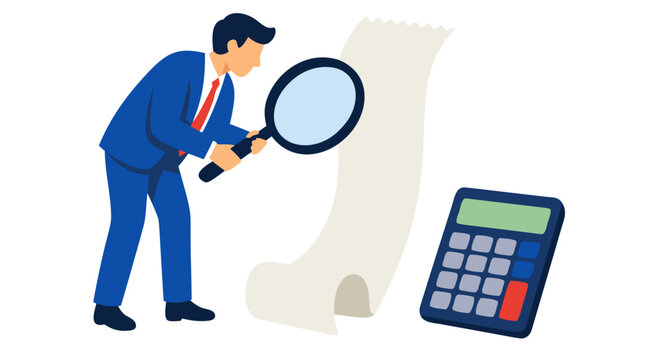 Flat Vector Illustration of a Professional Businessman in a Blue Suit Using a Large Magnifying Glass to Examine a Long Paper Receipt Beside a Calculator, Ideal for Accounting, Expense Audit,