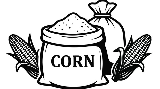 Minimalist black and white vector illustration showing a sack of corn flour with fresh cobs
