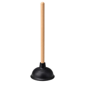 Plunger wooden handle black rubber bathroom tool cleaning household simple vertical isolated utility