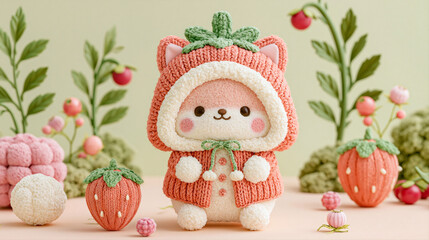 Fototapeta premium Cute shiba inu dog plush toy wearing oversized knitted strawberry hoodie on pastel pink background, kawaii pet fashion character illustration for handmade craft and toy promo