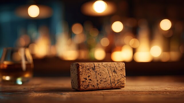 Warmly lit bar scene featuring a rustic wooden block, showcasing a cozy atmosphere and inviting ambiance for relaxation and enjoyment