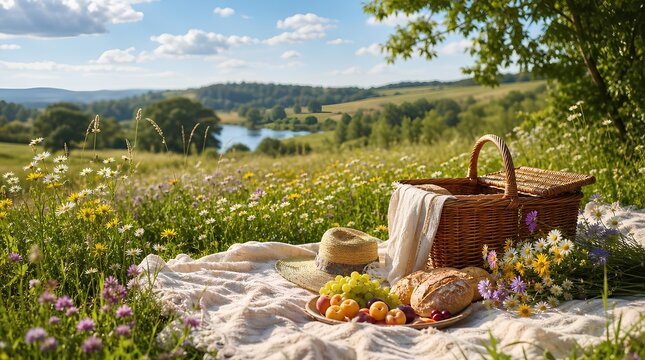 A rustic picnic basket, bread, fruit and straw hat rest on a blanket in a sunny wildflower meadow overlooking rolling countryside, ideal for summer leisure promotions.