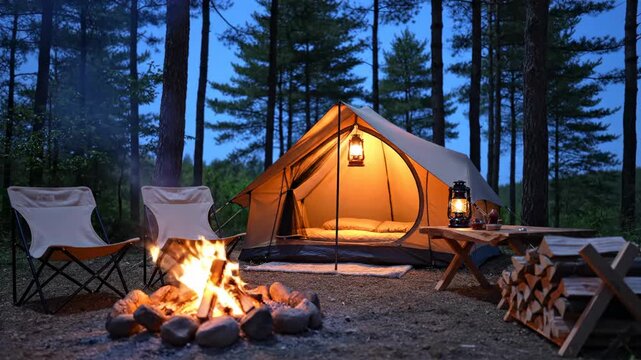 A glowing canvas shelter stands within a quiet pine forest as a warm fire crackles during the evening twilight hours to provide a cozy and peaceful refuge for adventurous travelers seeking