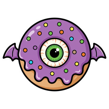 Spooky Sweet Treat: A whimsical illustration of a Halloween donut featuring a single green-eyed eyeball as the center, adorned with purple frosting and colorful sprinkles, and whimsical bat wings.