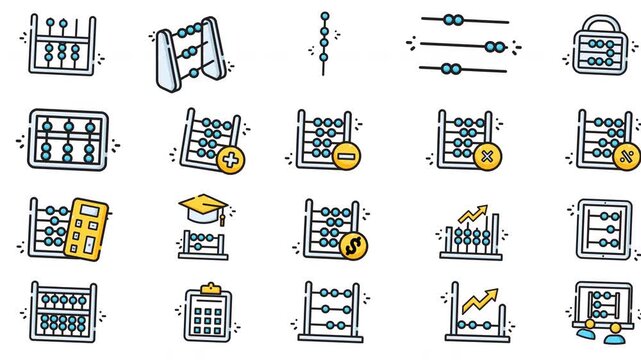 Abacus icons depicting counting frames, beads, calculations, symbols for math education, business tools, graphics. Perfect for educational resources and business presentations.