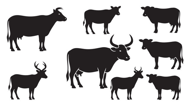 Black cow silhouette collection, 8 farm animal vector icons, cattle and livestock silhouettes for butchery and dairy branding, isolated bovine shapes