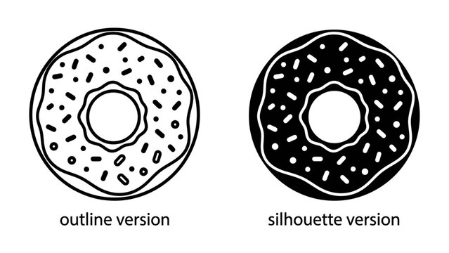 Donut Icons: Outline and Silhouette Versions. A clear visual comparison of a donut's design, presented in both a clean outline and a solid silhouette, highlighting its distinctive shape and topping.