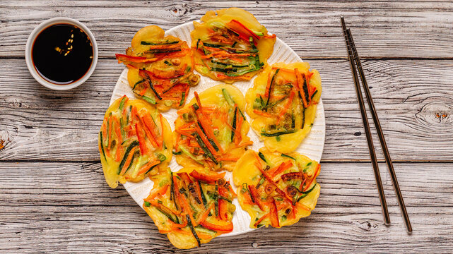 Fried Korean pancakes (jeon) with various vegetables