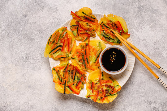 Fried Korean pancakes (jeon) with various vegetables