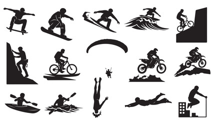 Obraz premium Extreme sports silhouettes collection, 15 black vector icons of outdoor adventure activities, mountain biking and surfing graphics