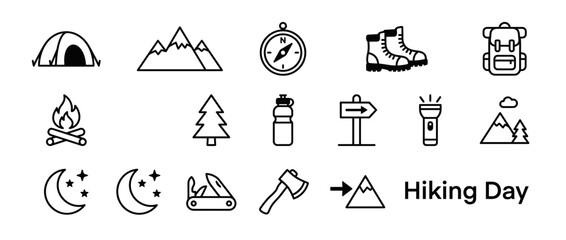 Outdoor Adventure Icons: Hiking, Camping, Mountains, Nature © Devi Pratama