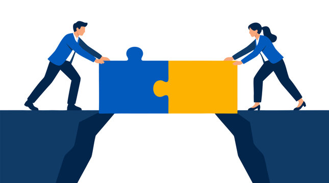 Two Business Professionals Connecting Interlocking Puzzle Pieces to Build a Bridge Over a Deep Gap, Symbolizing Teamwork Partnership and Corporate Collaboration, Bold Flat Vector Illustration