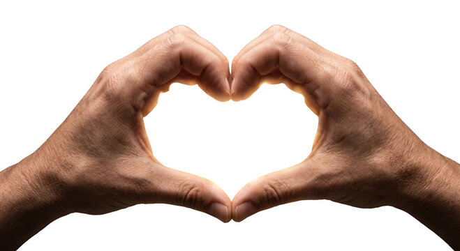 Close-up of hands forming a heart shape against a white background