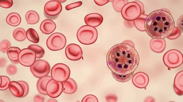 Plasmodium malariae schizont, 3D animation showing segmented intraerythrocytic stage with multiple merozoites arranged around central pigment within an infected red blood cell.
