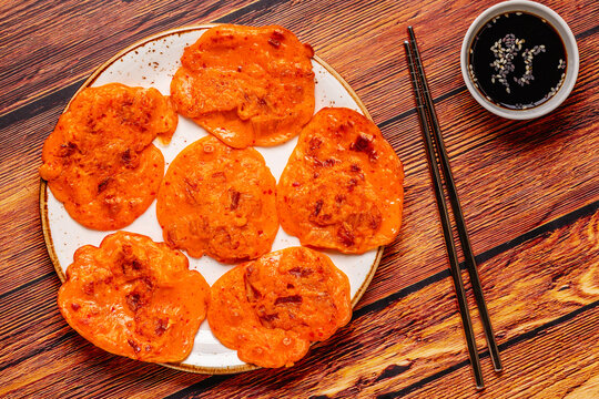Freshly cooked savory korean pancakes kimchi jeon.