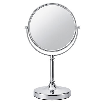 Round mirror metal frame reflective surface standing table modern silver isolated clean minimal home bathroom decor