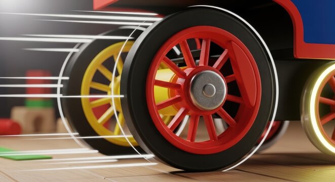 Close-up of a toy trains wheels in motion with motion blur effect.
