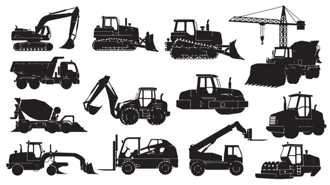 Heavy construction machinery silhouettes, industrial building vehicle set with 12 icons, excavator and bulldozer equipment vector illustrations