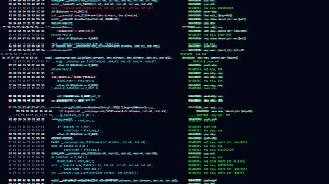 Computer terminal code hex dump scrolling with digital glitch effects and chromatic aberration on black background