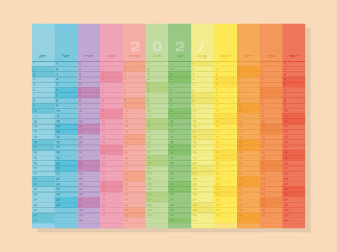 Rainbow Year Planner 2027: Colorful and clean vector template for desk or wall. Ideal for digital and print use. Week starts Monday