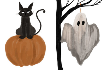 Halloween illustration with black cat on orange pumpkin and ghost hanging from tree branch transparent