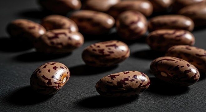 Close-up of pinto beans scattered on a dark surface with selective focus.