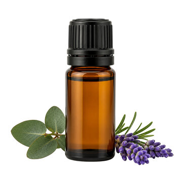 Amber glass bottle essential oil eucalyptus leaf lavender flower aromatherapy natural herbal relaxation spa wellness Amber glass bottle with
