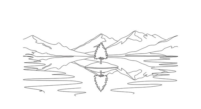 Minimalist line art illustration of a mountain range reflecting in a calm lake with a single pine tree on a small island