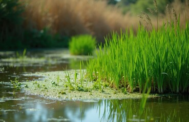 Fototapeta premium Green plants grow in small pond with duckweed on water surface. Tall grass blades, reeds emerge from calm lake shore. Rural wetland landscape scenery in summer sunshine. Natural environment with