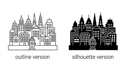 Fototapeta premium Cityscape Icons: A graphic representation of a cityscape featuring a collection of buildings and a fire hydrant, presented in both an outline and silhouette version, ideal for design elements.