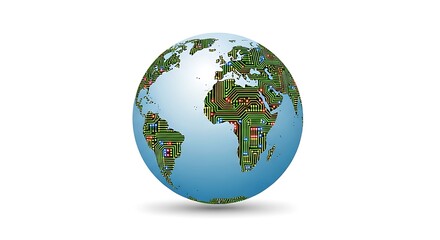 Fototapeta premium Digital globe with continents represented by green circuit board patterns on a white background