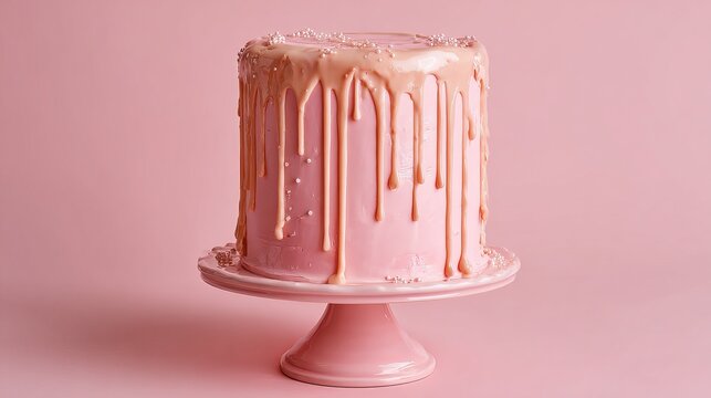 A delicious pink cake with caramel drizzle sits elegantly on a pedestal, showcasing a sweet treat for celebrations and indulgence.