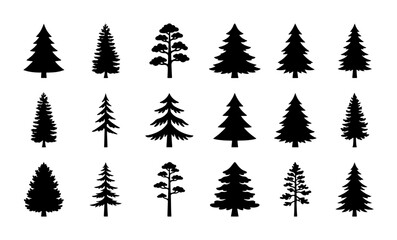 Fototapeta premium Diverse Pine Tree Silhouettes Collection, Evergreen Conifer Vector Icons, Forest Woodland Elements for Nature Design
