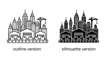 Naklejka premium Industrial Cityscape Icons: A collection of stylized icons representing an industrial cityscape, featuring skyscrapers, warehouse-like structures, and a conveyor belt system with boxes.