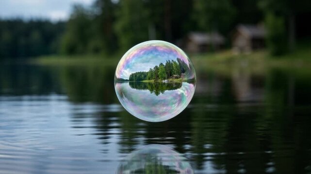 A single, transparent bubble floats delicately above tranquil water reflecting a lush green forest and sky