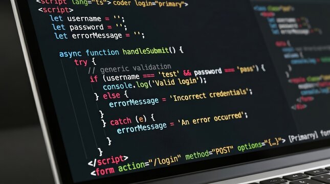 Close-up of software developer coding on laptop screen showing TypeScript syntax for login form validation and error handling.
