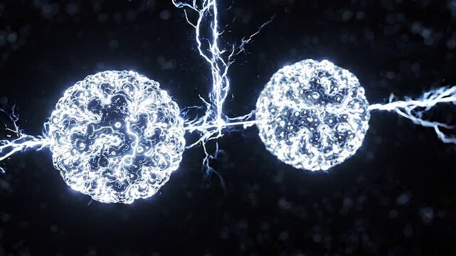 Two glowing spheres connected by electric arcs, showcasing dynamic energy transfer in a dark environment with intricate details and vibrant light patterns