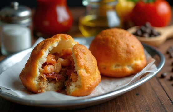 Acaraje deep fried balls stuffed with shrimp vatapa, caruru on metal plate. Traditional Brazilian street food from Bahia region served on wooden table. Spicy African inspired snack with beans