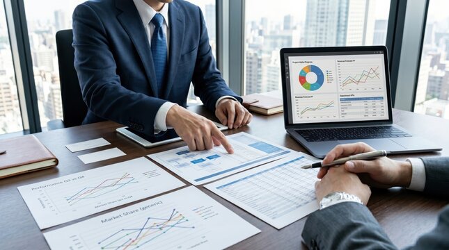 Business executives analyzing financial reports and market share graphs on desk, corporate meeting discussing investment strategy and performance metrics in modern city office b...