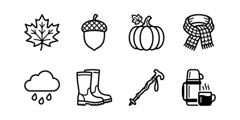 Autumn icons set with leaf acorn pumpkin scarf rain boots walking stick thermos © adgraphic team