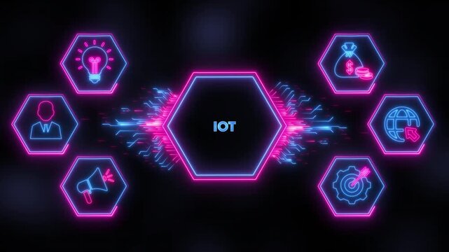 Io t technology concept with glowing neon hexagon and digital data network connectivity