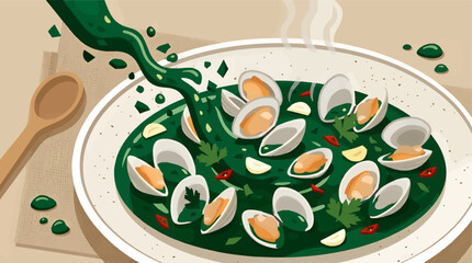 Steaming Plate of Cockles in Deep Emerald Herb Sauce, Pouring Green Liquid over Fresh Clams with Garlic and Chili, Flat Vector Illustration of Gourmet Seafood Dish, High Angle View on Tablecloth © Aditya