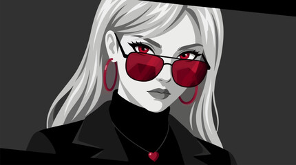 Striking Flat Design Vector Illustration of a Woman with Long Flowing Hair, Red Sunglasses, and Hoop Earrings, High Contrast Monochrome Style with Red Accents, Confident Portrait © Aditya