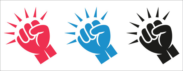 Fist hitting icon with knocking hand gesture, impact lines, outline, red, blue, and black variations for user interface and communication vector, designs © MstAleya