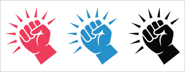 Fist hitting icon with knocking hand gesture, impact lines, outline, red, blue, and black variations for user interface and communication vector, designs © MstAleya
