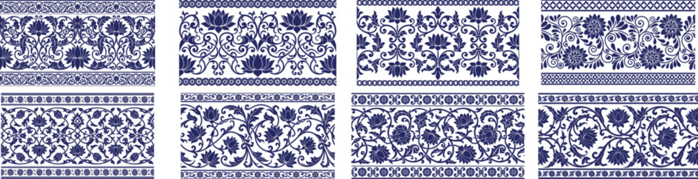 Blue chinese floral borders set with lotus flowers and scroll ornaments in classic style.